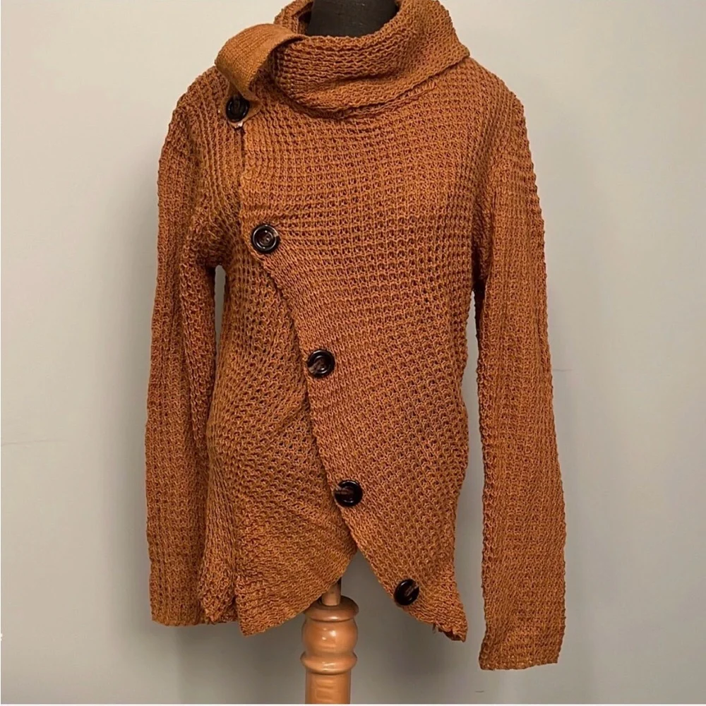 Cozy Brown Asymmetrical Button Sweater - Picture 5 of 7